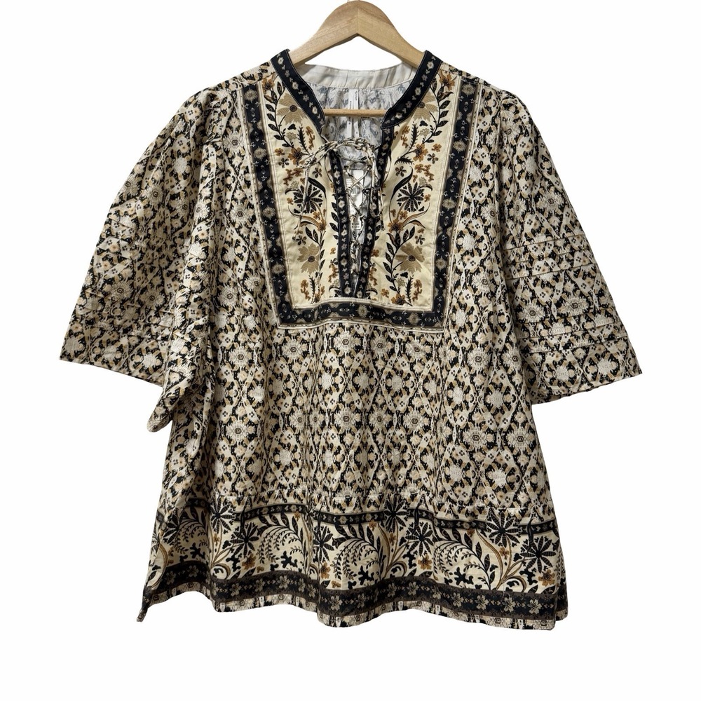 Anthropologie Pleated Floral Puff Sleeve Blouse Size 3X Black Motif Boho NEW